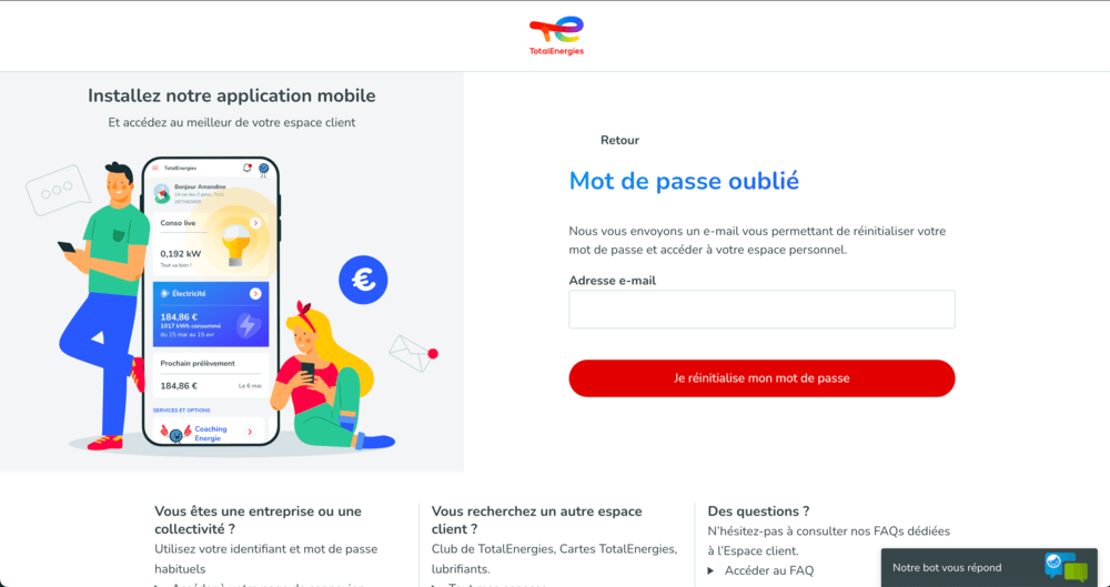 TotalEnergies Mon compte mot de passe oublié